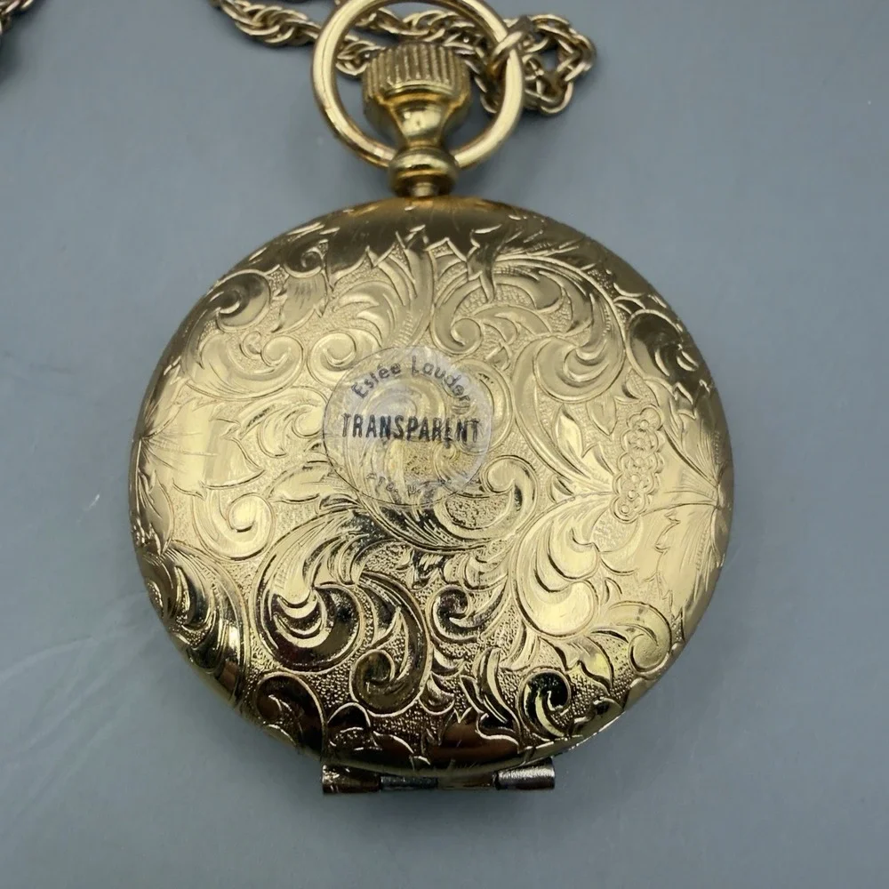 Estee Lauder Pocket Watch Compact Necklace Gold Tone Floral Scroll Face Powder